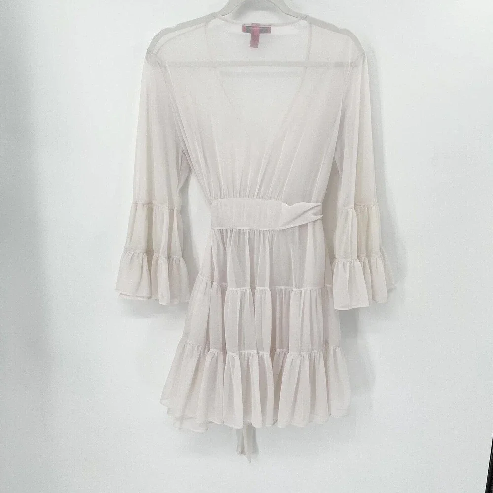 Betsey Johnson Chiffon Sheer Tiered Ruffle Wrap Robe OS V-Neck Sash Tie Belt - Picture 5 of 12